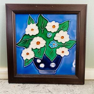 Floral daisy and blue pansies Ceramic Wall Art with Dark wood Frame pretty decor